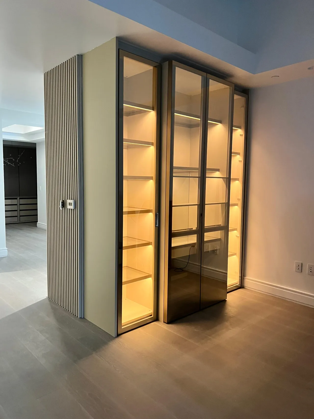 Illuminated display cabinet with metallic-framed tinted glass doors and lit glass shelves, set beside a fluted panel wall in a corner