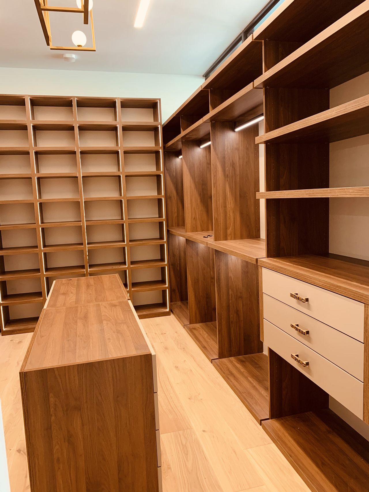 Dark wood closet with grid cubby shelving and open shelving with drawers below, gold-tone pendant light