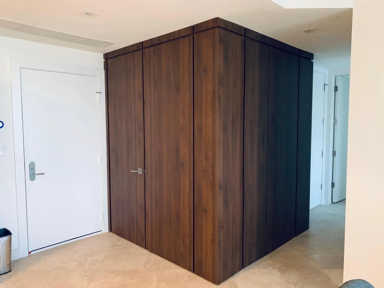 Dark wood freestanding enclosure with full-height panel doors and a lever handle, in a room with a white door and stone floor