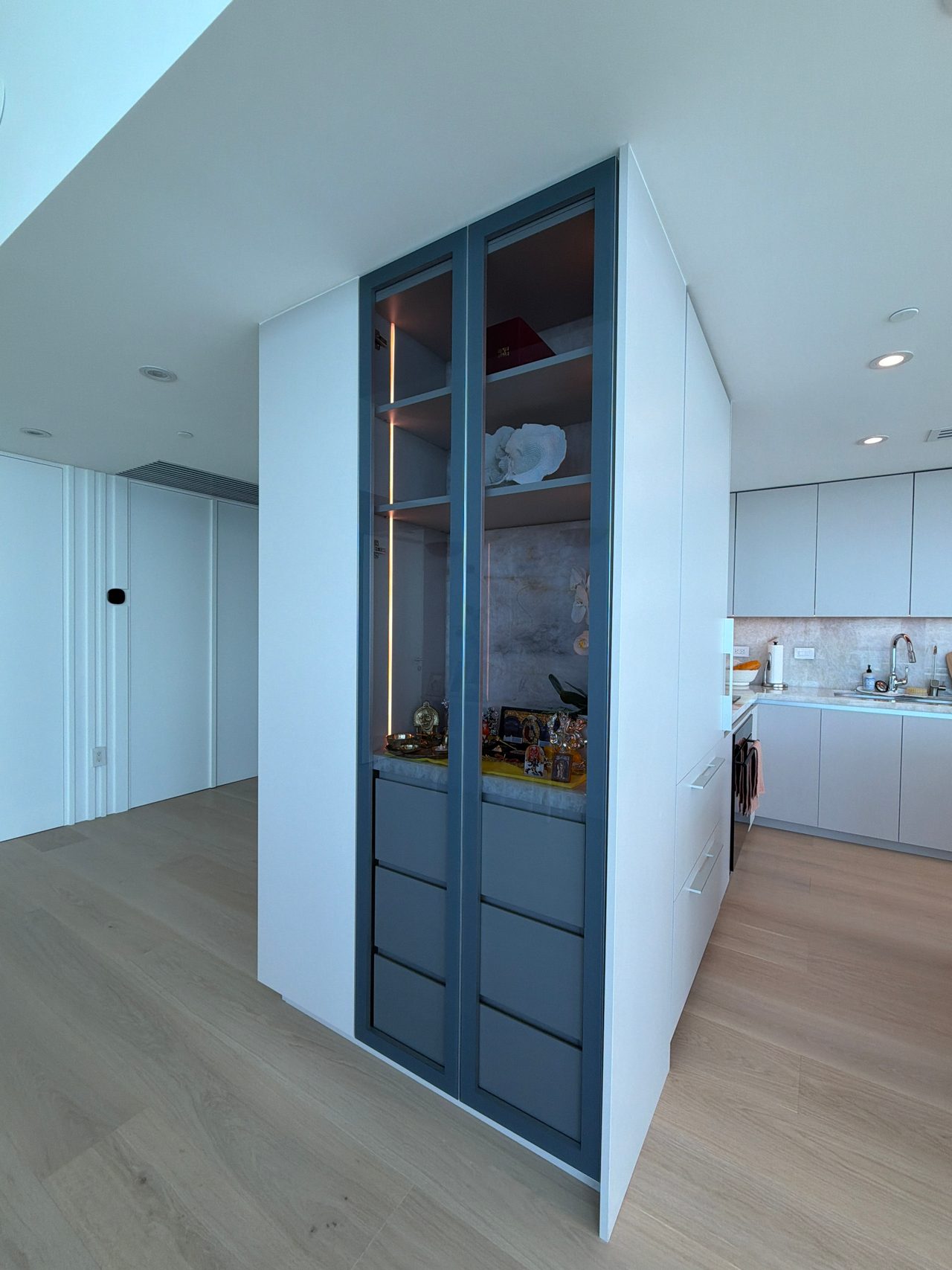 Glass-front cabinet with interior shelving and lighting, wood floor visible to the side