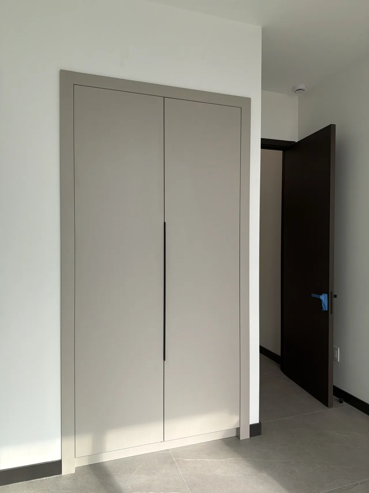 Recessed two-door closet in a taupe/greige matte finish with a single vertical black pull, beside a dark wood-grain door in a hallway
