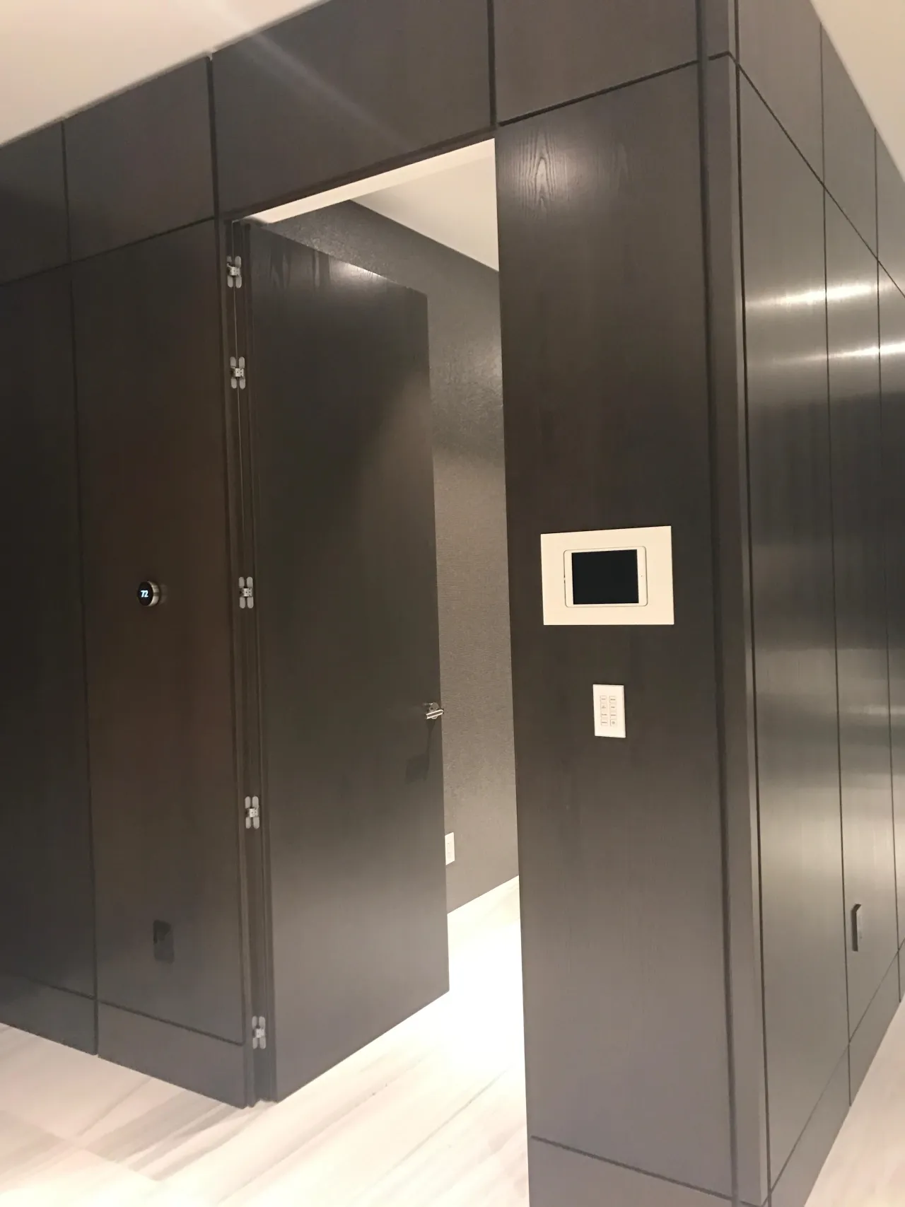 Dark wood-grain paneled wall with a flush door standing open, metallic hinges, a wall-mounted control screen and light wood-look floor