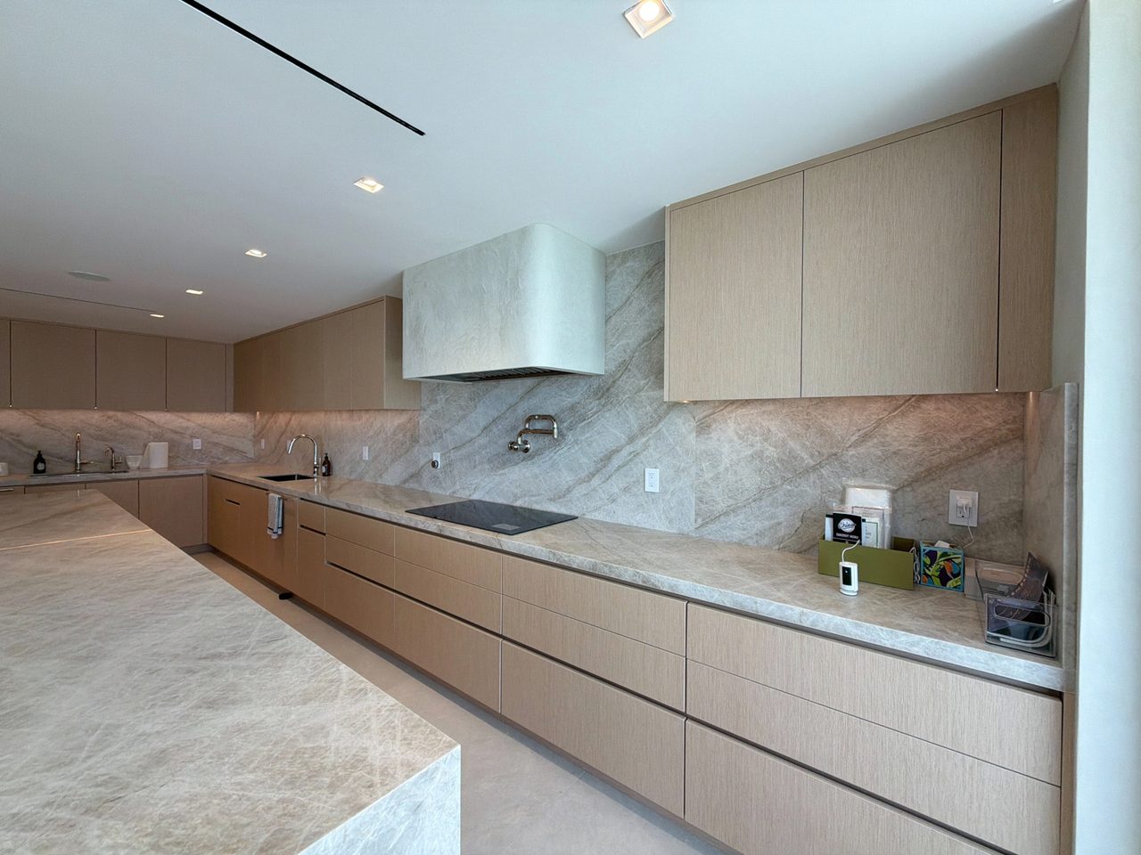 Long custom-stained wood veneer drawer run under a veined-stone counter and slab backsplash, with an induction cooktop and wall-mounted pot filler