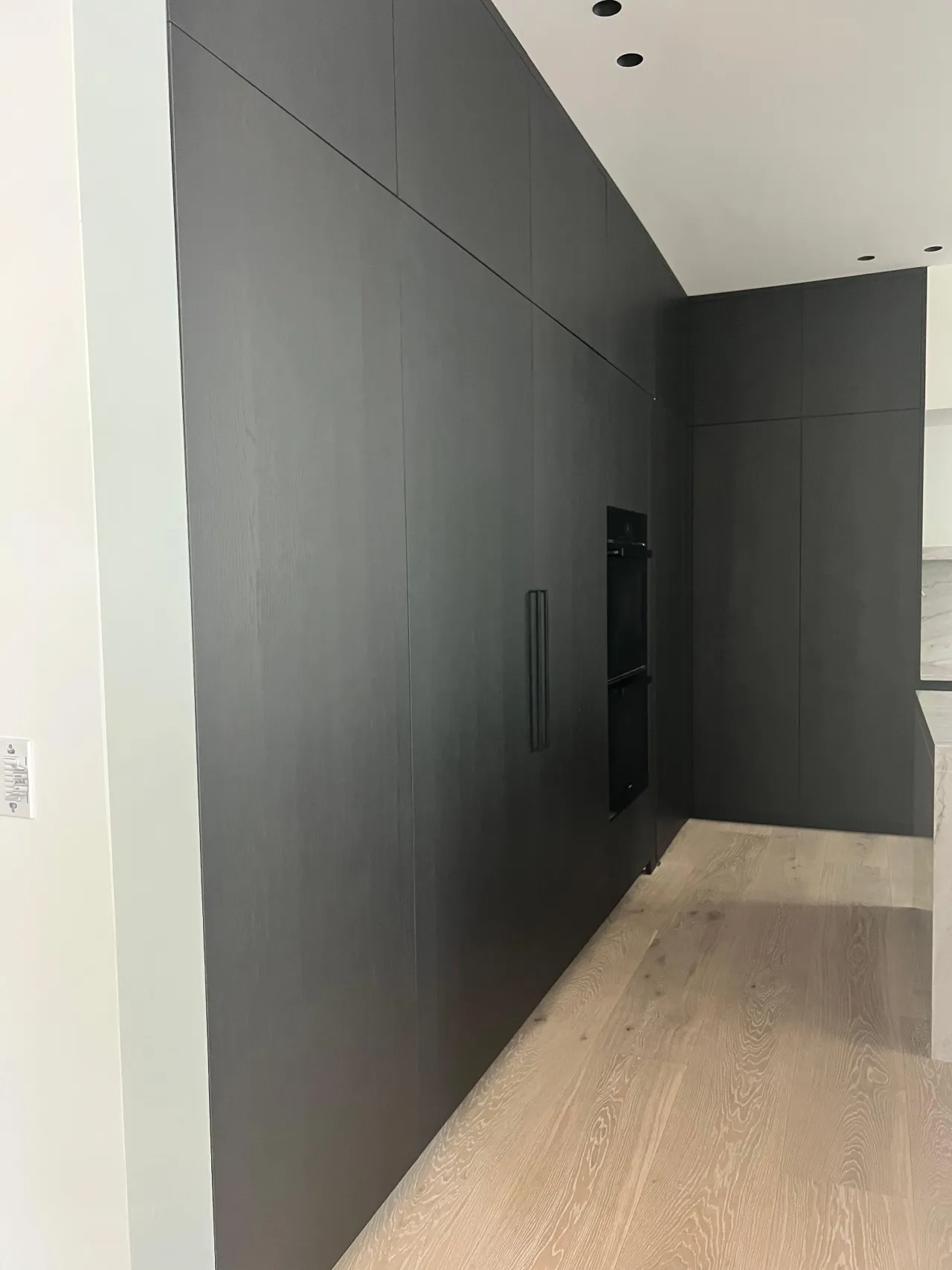 Full-height dark charcoal wood-grain cabinet wall with a long vertical bar pull and a built-in black wall oven, above light wood-look plank flooring