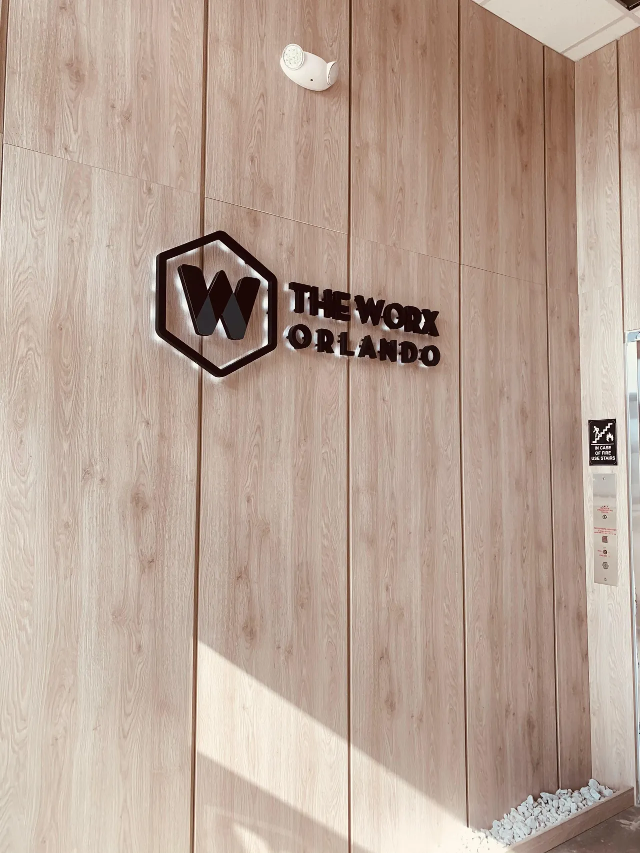 Elevator lobby feature wall in vertical wood-grain panels with a backlit dimensional logo sign and a matching panel return beside the elevator