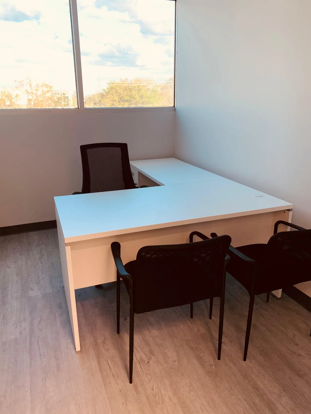 Private office with a white L-shaped desk, black task chair, and three black guest chairs, window view of trees