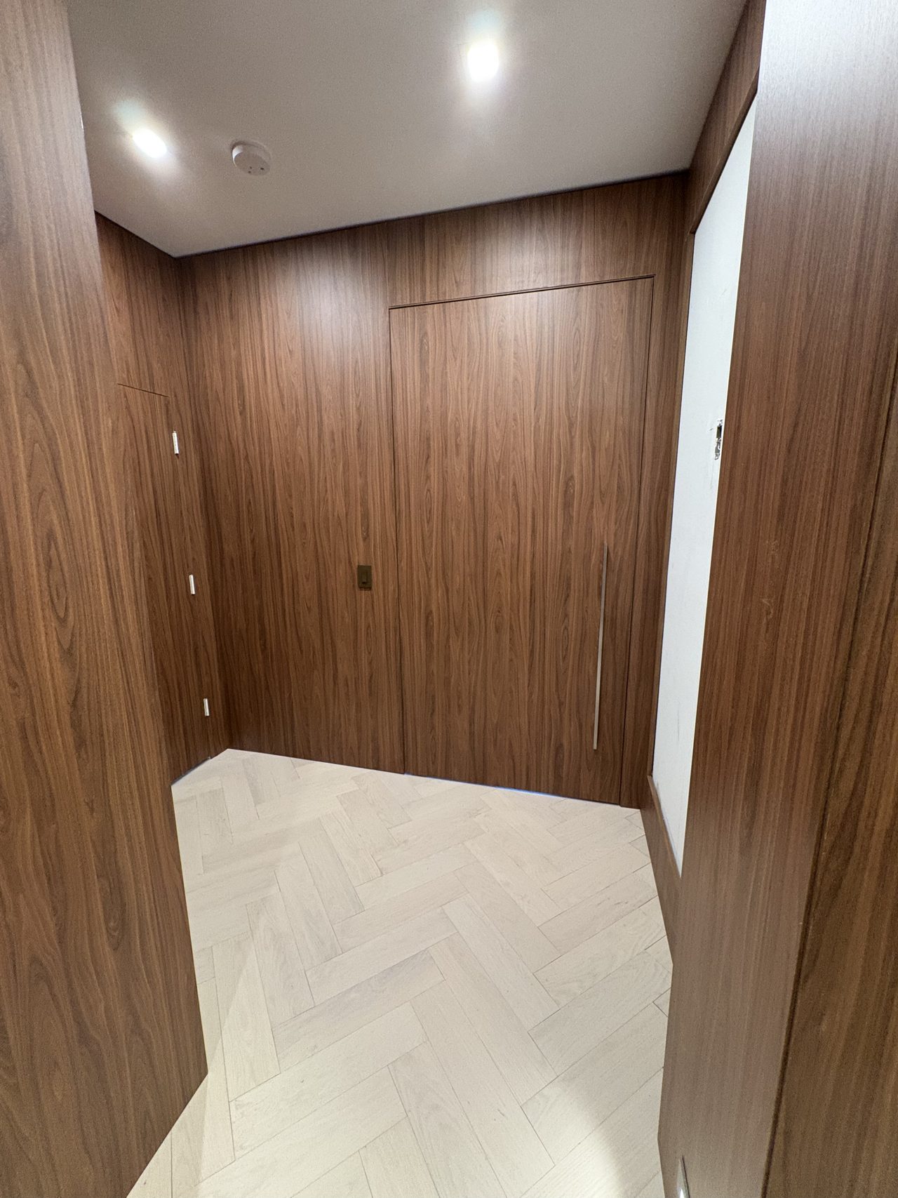Dark wood-grain melamine wall cladding alcove with a flush dark wood panel door and chrome vertical handle, herringbone wood floor