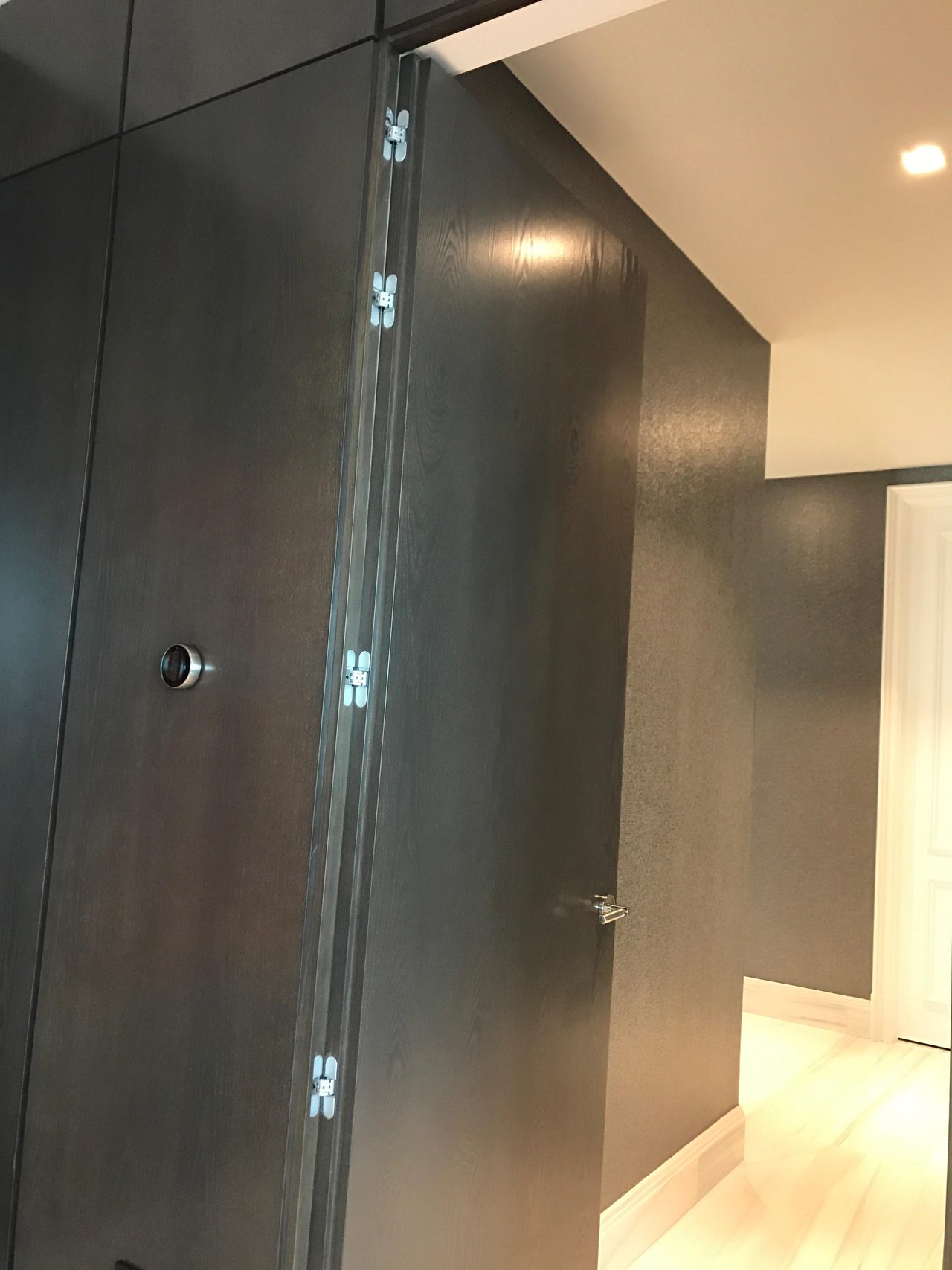 Dark wood-paneled double door alcove with visible door hinges and handle, light wood floor beyond the threshold