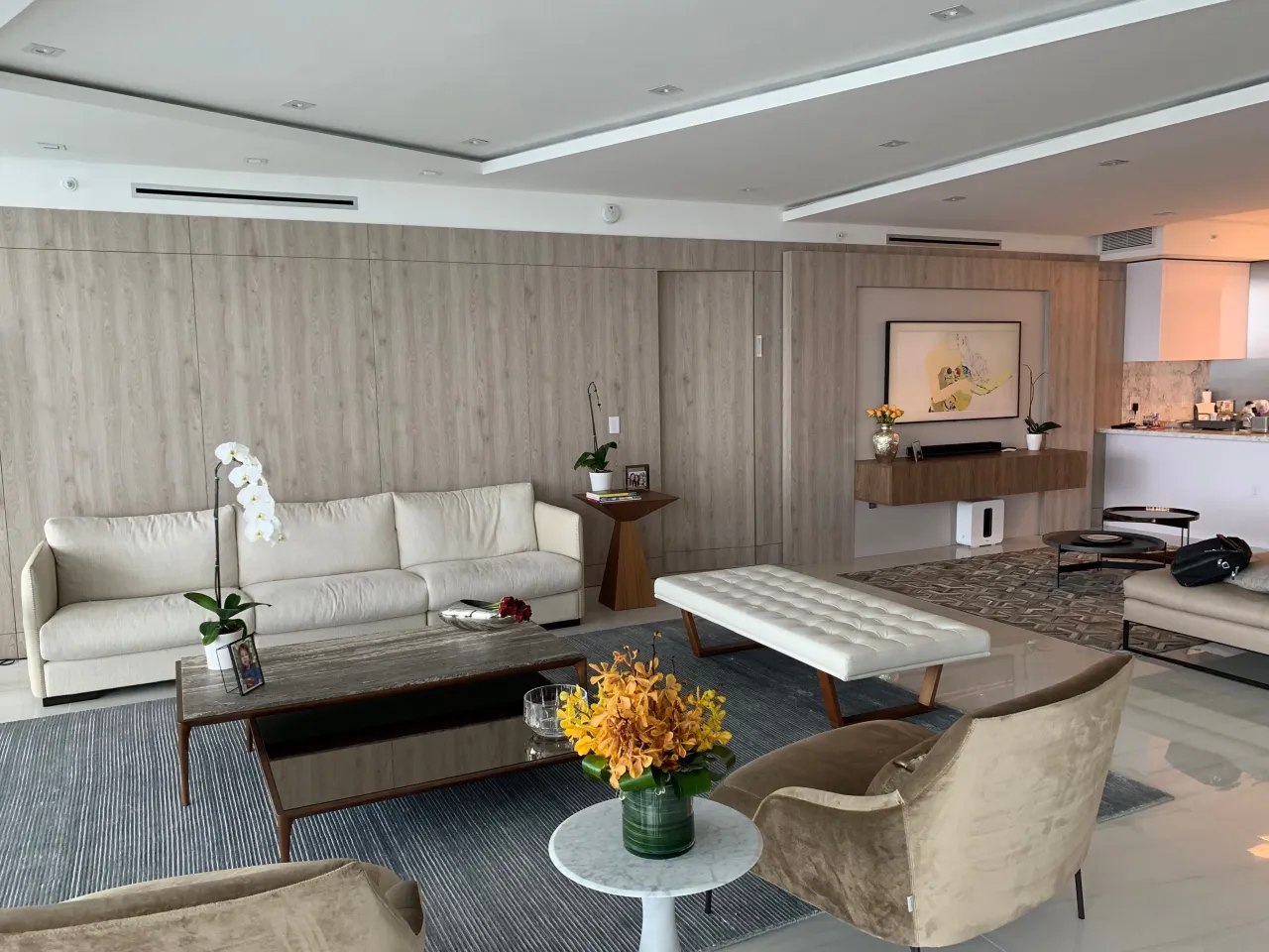 Light gray wood-grain paneled living room wall with a flush closet door, console table with framed art, cream sofa and patterned rug